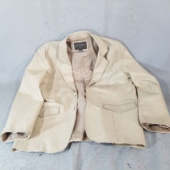 Oscar Piel leather blazer sport coat jacket men's Large Beige 2 tone Western - Picture 13 of 16